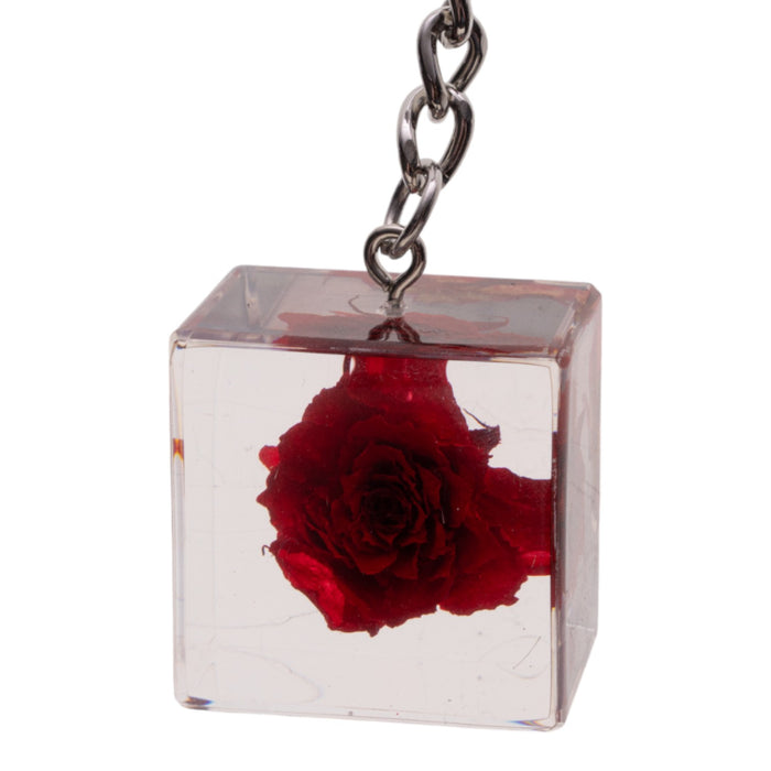 Real Red Rose in Acrylic Cube Keychain