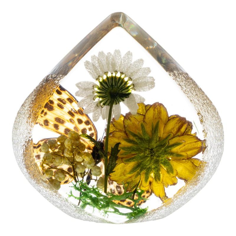 Real Butterfly and Flowers in Teardrop-shaped Acrylic Paperweight