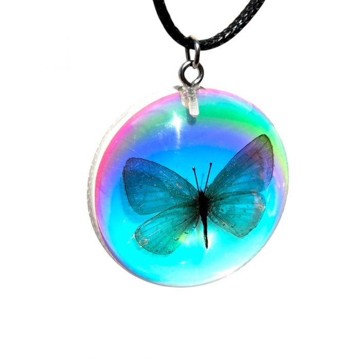 Real Butterfly in Iridescent Acrylic Necklace