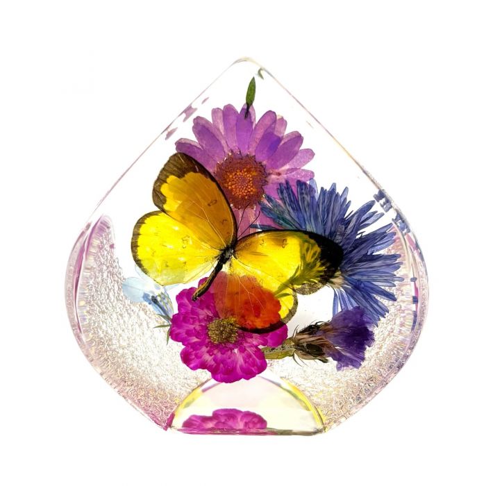 Real Yellow Butterfly and Flowers in Teardrop-shaped Acrylic Paperweight