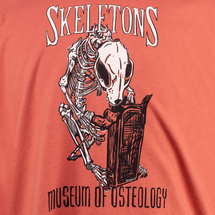 SKELETONS: Museum of Osteology Raccoon with Candy Logo T-shirt - Coral